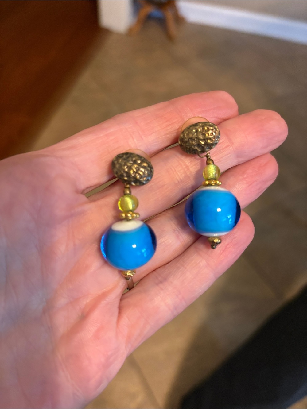 New Blue Glass Bead Drop Earrings with Brass Accents